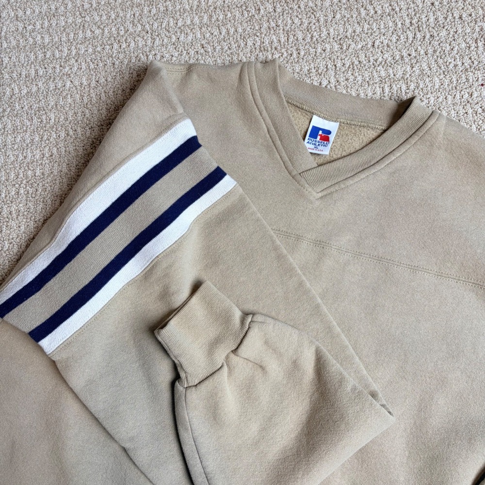Vintage Russell Athletic V-Neck Sweatshirt XL Tan Khaki Sleeve Stripes USA Made